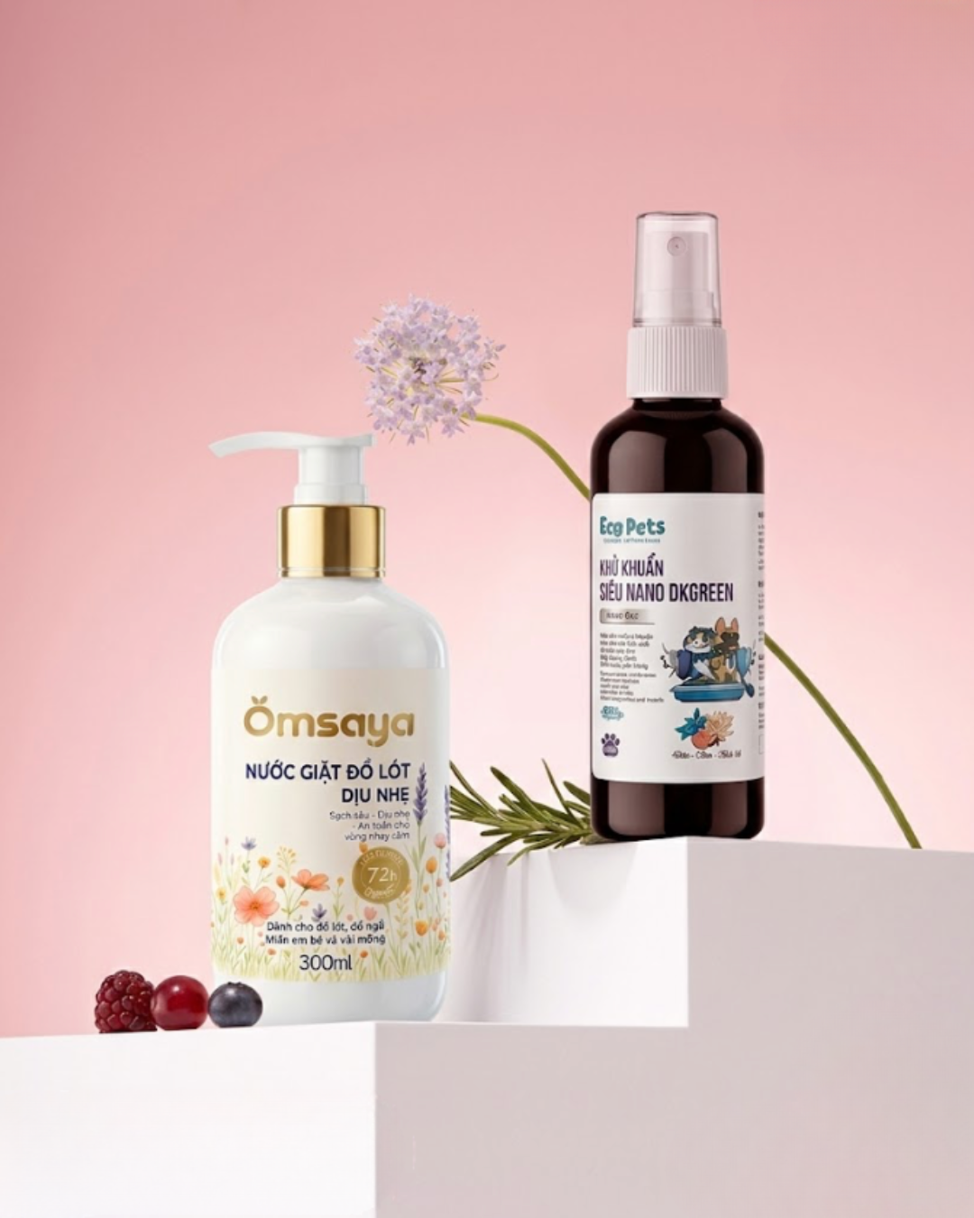 Combo Chăm Sóc Đồ Lót & Không Gian Sống: Nước giặt đồ lót Omsaya và Xịt khử khuẩn siêu Nano.