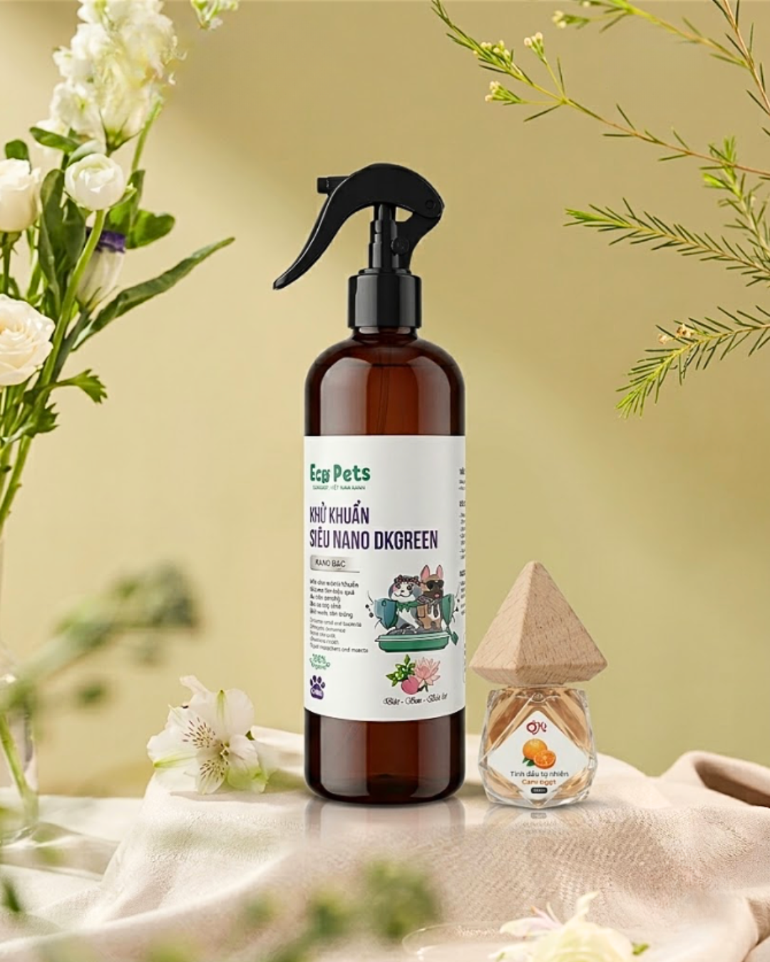 Combo Khử Khuẩn & Tỏa Hương: Xịt khử khuẩn siêu Nano và Tinh dầu treo hương cam ngọt