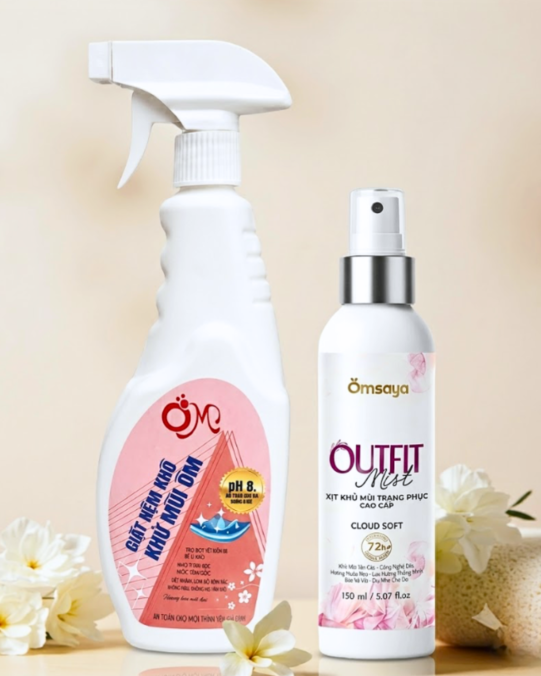 Combo Chăm Vải Toàn Diện: Giặt nệm khô Ôm và Xịt khử mùi trang phục Omsaya hương Cloud Soft